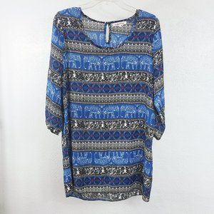 Wishful Park Women's Blue Long Sleeve Scoop Neck Elephant Top Tunic Shirt Blouse